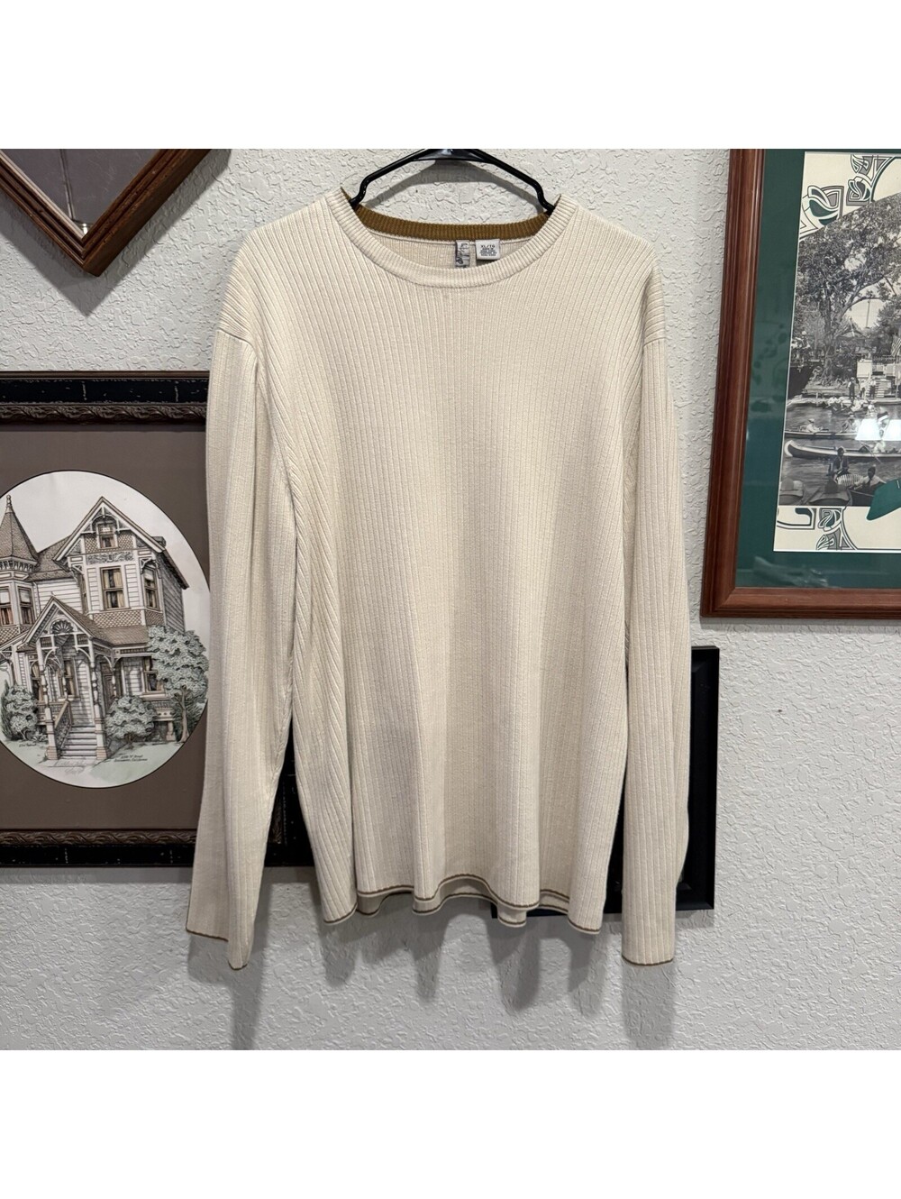 Vintage 90s Quiksilver Ribbed Knit Sweater Surf Mens Medium White Beige Pullover